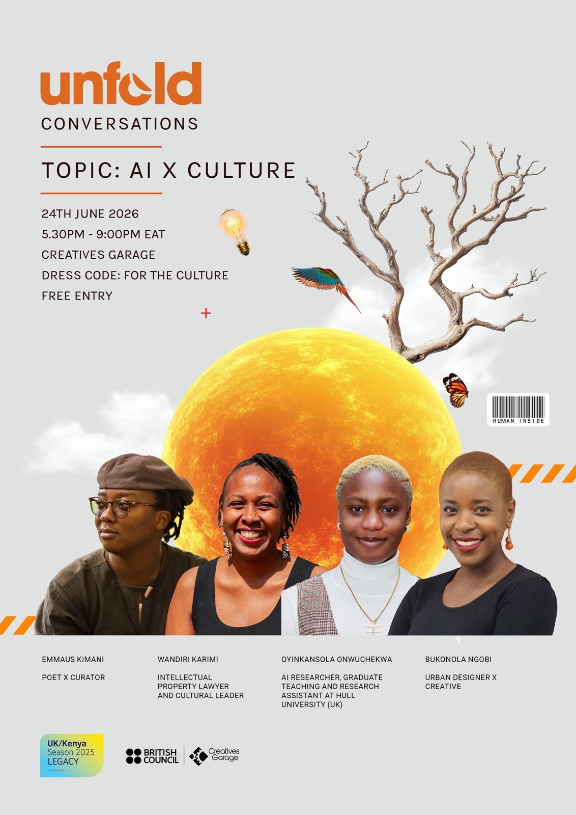 Untold Conversations flyer for an AI and culture panel featuring Oyinkansola Onwuchekwa.